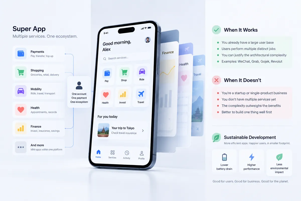 Minimalist enterprise illustration explaining super app architecture, with multiple services such as payments, shopping, mobility, health, finance, and travel integrated into one mobile ecosystem, alongside guidance on when the super app model makes business sense and how sustainable mobile development can reduce battery consumption and improve performance.