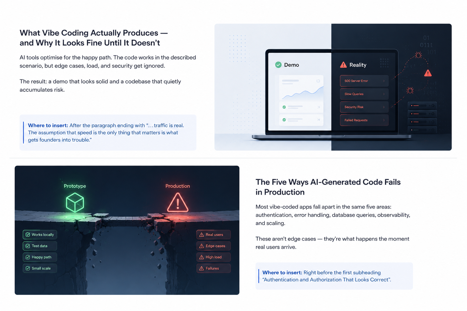 Minimalist enterprise illustration showing the gap between an AI-built prototype and production software, with a working demo contrasted against server errors, security risks, slow database queries, failed requests, edge cases, and high-load issues.