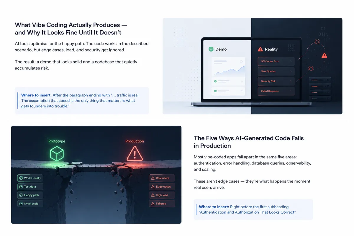 Minimalist enterprise illustration showing the gap between an AI-built prototype and production software, with a working demo contrasted against server errors, security risks, slow database queries, failed requests, edge cases, and high-load issues.