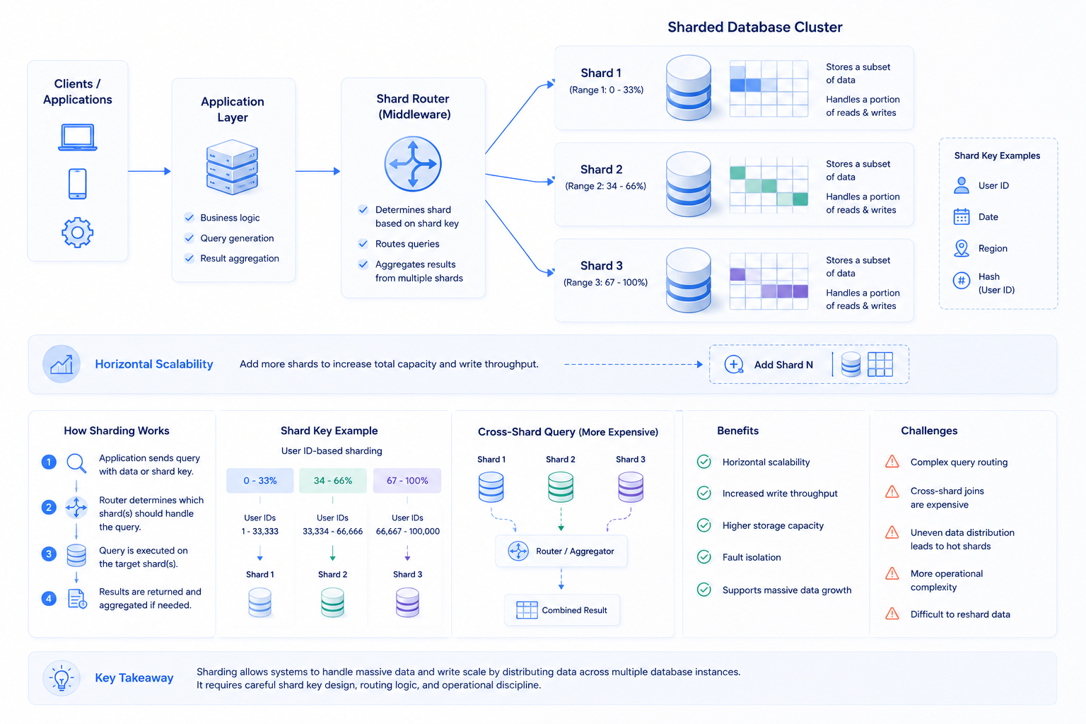 Sharding and Data Distribution Clean technical illustration showing database sharding architecture: a central application routes requests through a shard router to multiple independent database nodes, each storing a portion of data and handling its own read and write operations, with visual separation of shards, data distribution, and horizontal scaling across the system.