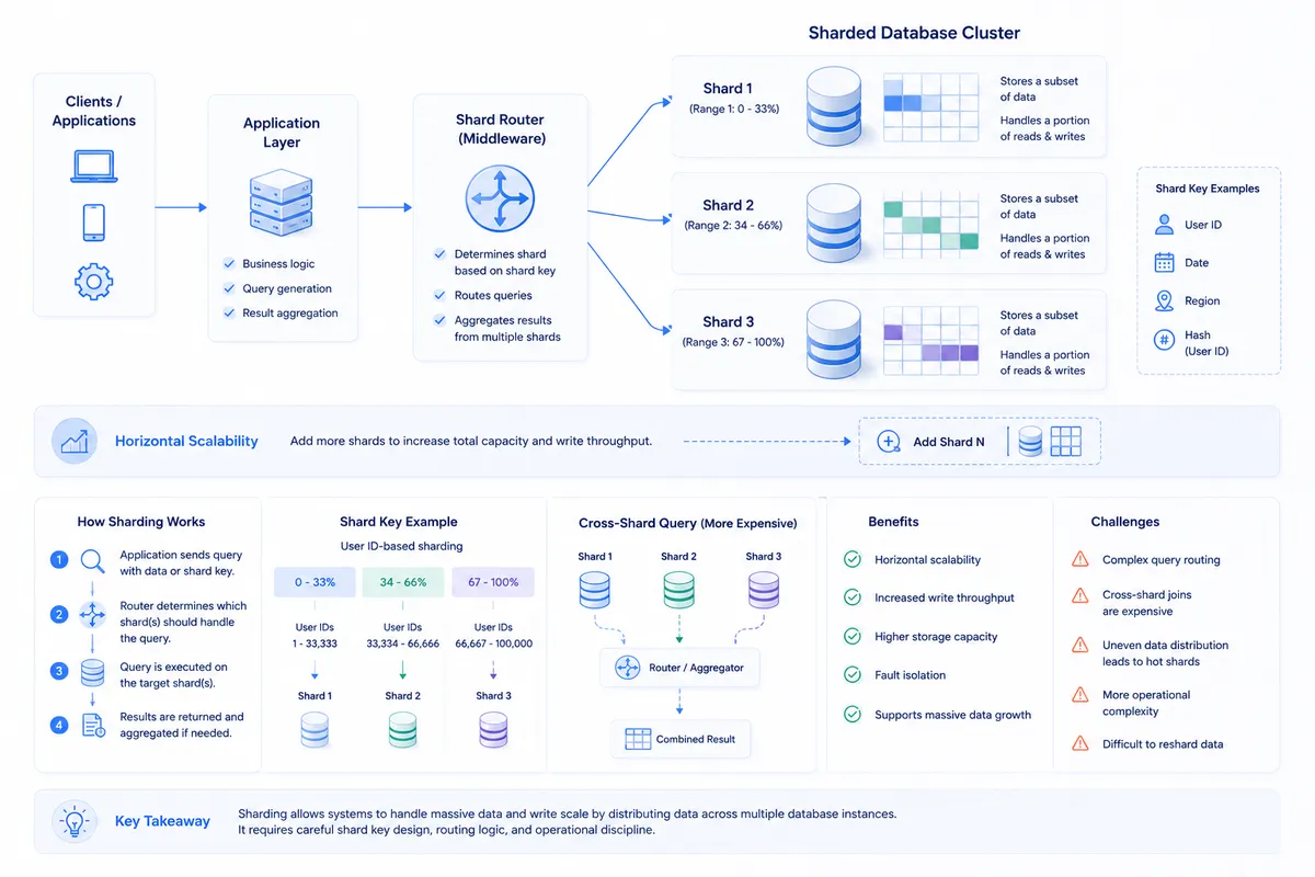 Clean technical illustration showing database sharding architecture: a central application routes requests through a shard router to multiple independent database nodes, each storing a portion of data and handling its own read and write operations, with visual separation of shards, data distribution, and horizontal scaling across the system.