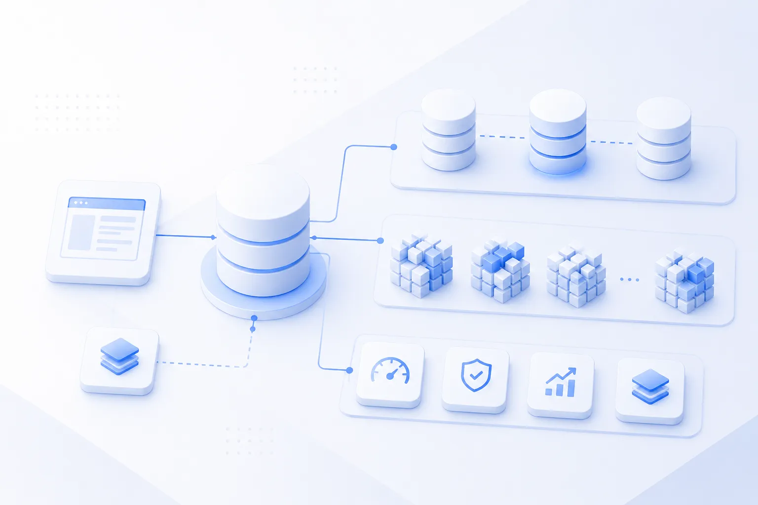 Minimalist enterprise-style infographic showing database scaling architecture: a central database layer connected to an application, with replication illustrated by multiple identical database nodes and sharding represented by distributed data blocks across several nodes, all linked with clean lines on a light gradient background.