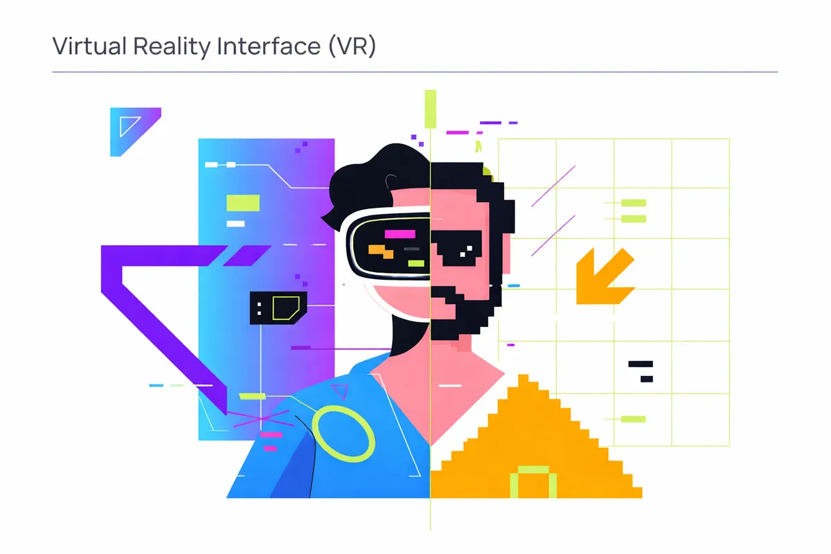 Stylized abstract illustration of a person using VR technology, blending colorful geometric shapes and digital elements.