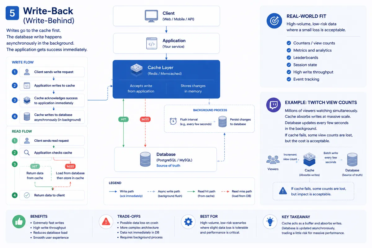 Minimalist enterprise-style infographic illustrating the Write-Back (Write-Behind) caching pattern. The diagram shows a write flow where a client request passes through the application to the cache layer, which immediately acknowledges success while storing data in memory. A separate asynchronous flow is depicted from the cache to the database, indicating delayed persistence handled in the background. Arrows and visual cues distinguish immediate write acknowledgment from deferred database updates. A read path highlights that subsequent reads are served from the cache, ensuring fast response times. The layout uses clean blue-gray tones with clearly labeled components (client, application, cache, database) and emphasizes high write throughput, reduced database load, and the trade-off of potential data loss if the cache fails before persistence completes.