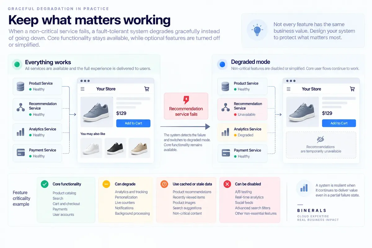 Graceful degradation in a fault-tolerant ecommerce system showing how core features such as the product catalog, cart, checkout, payments, and user accounts remain available when a recommendation service fails, while non-critical features are disabled, simplified, or served from cached data.