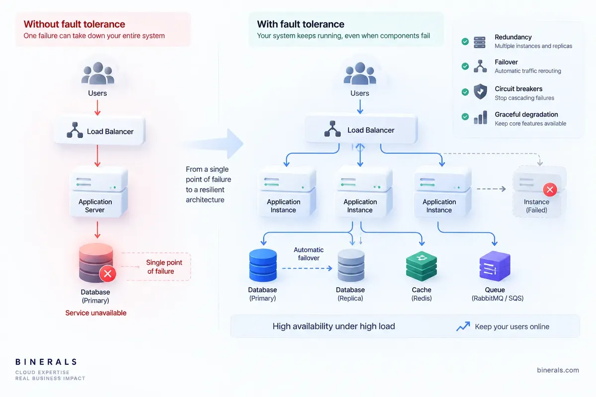 Comparison of a high-load system with and without fault tolerance, showing how redundant application instances, database replication, automatic failover, Redis caching, message queues, circuit breakers, and graceful degradation prevent a single component failure from causing complete downtime.