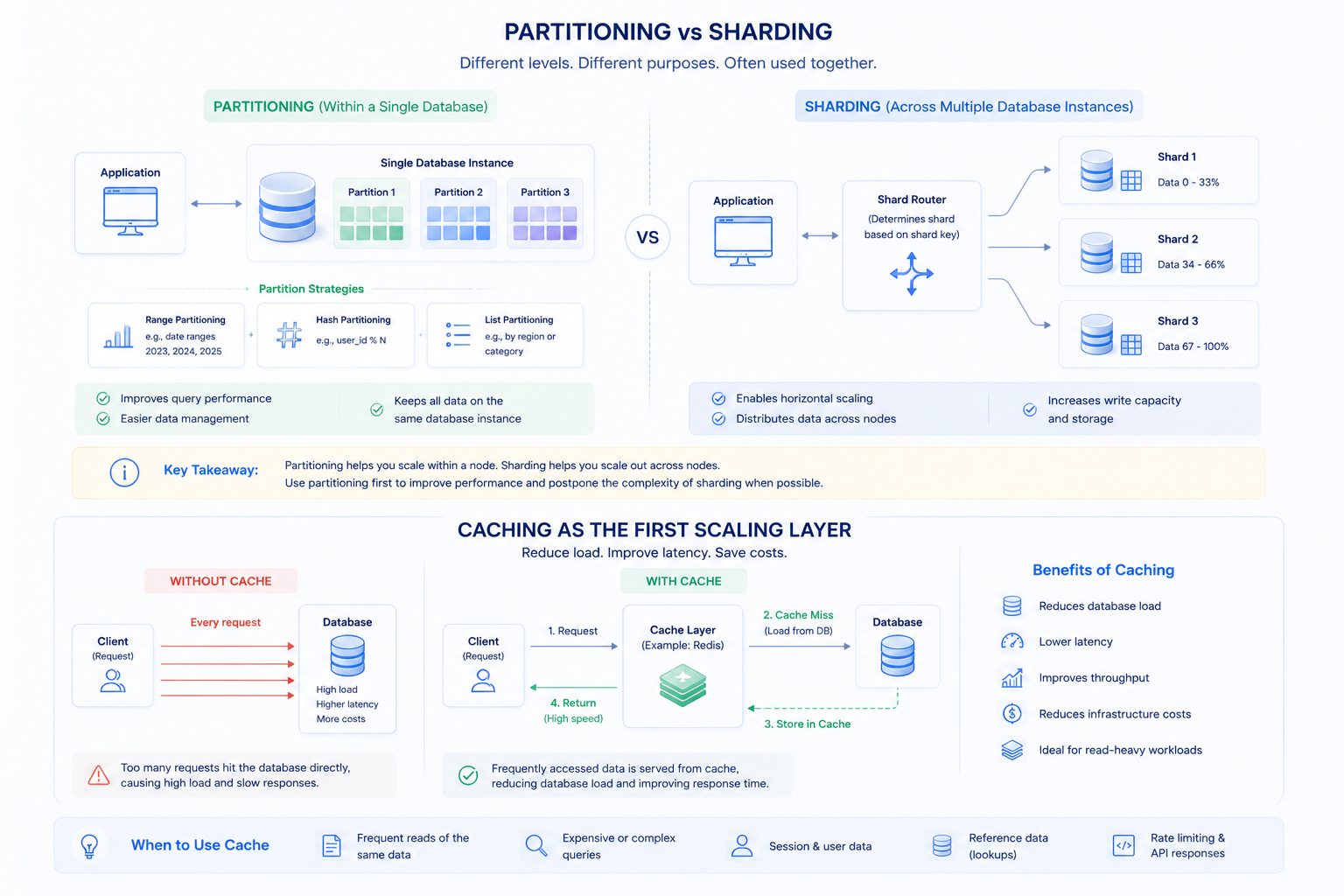 Partitioning vs Sharding Minimalistic 3D illustration showing partitioning within a single database instance, sharding across multiple database nodes, and a cache layer placed between application and database to reduce load and improve performance.