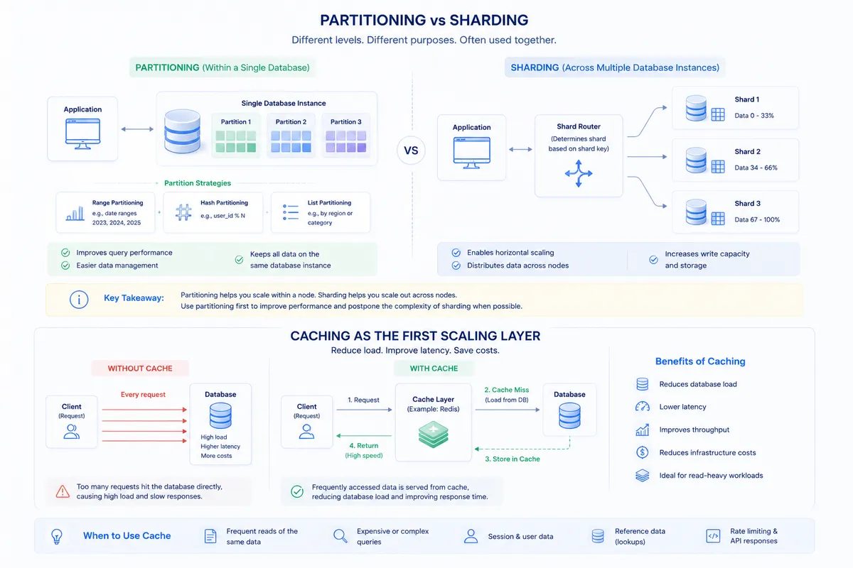 Minimalistic 3D illustration showing partitioning within a single database instance, sharding across multiple database nodes, and a cache layer placed between application and database to reduce load and improve performance.