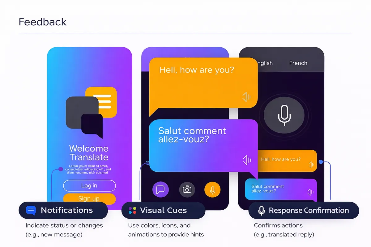 Colorful app interface showing translation features with speech bubbles in different languages, notification icons, and response confirmations.