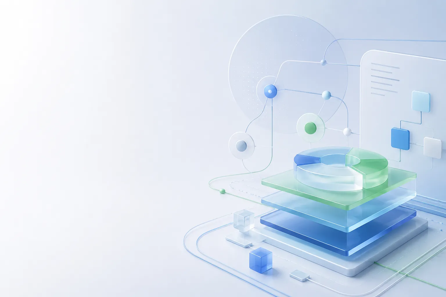 Minimalistic enterprise-style illustration representing the discovery phase as a structured and collaborative process, with abstract interconnected elements on the right and empty space on the left for text, conveying clarity, alignment, and decision-making.