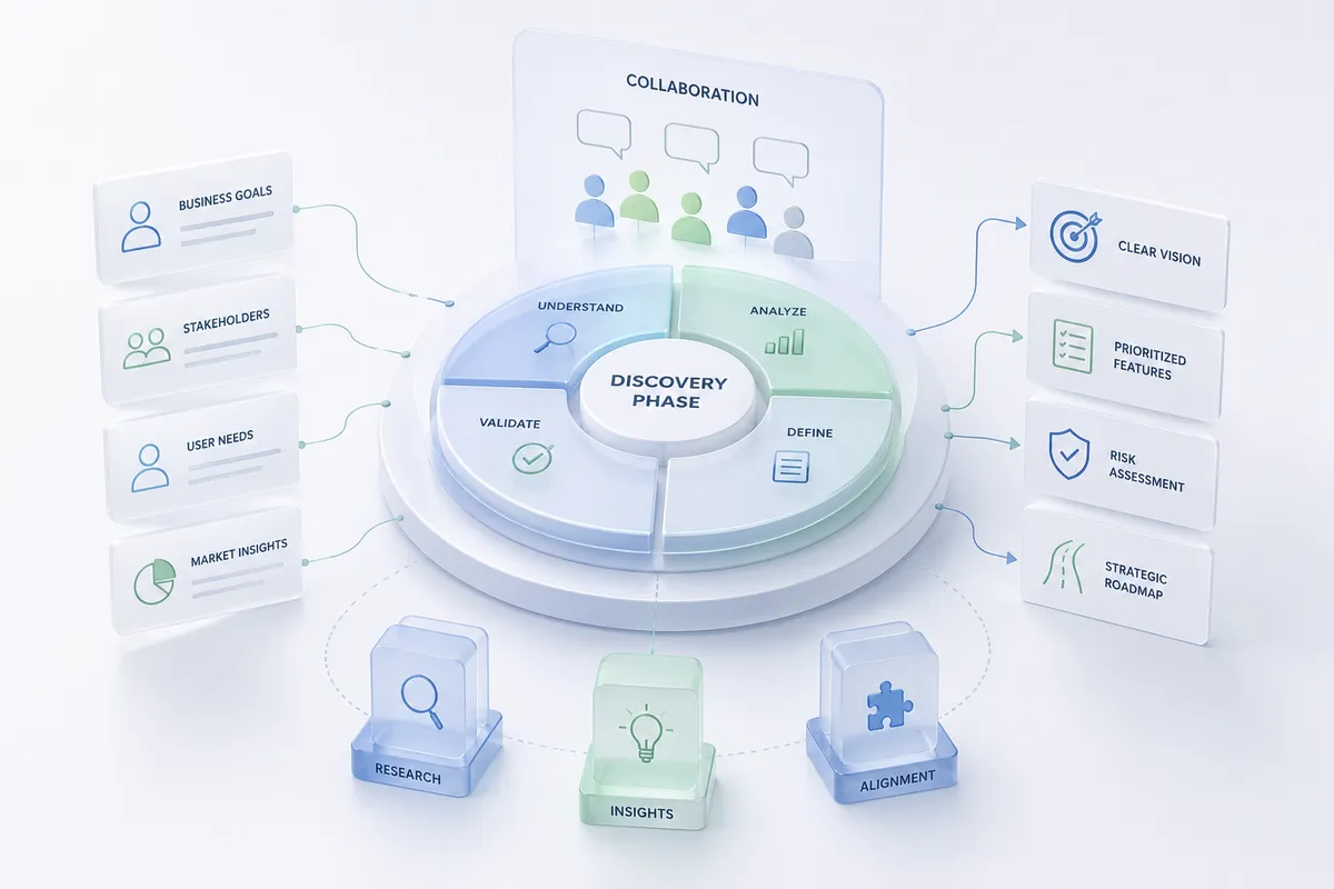 Minimalistic enterprise-style illustration of the discovery phase shown as a circular workflow with segmented steps, surrounded by abstract panels representing business goals, stakeholders, user needs, and market insights, all connected to outputs like clear vision, prioritized features, risk assessment, and strategic roadmap, emphasizing collaboration, analysis, validation, and alignment in a structured decision-making process.