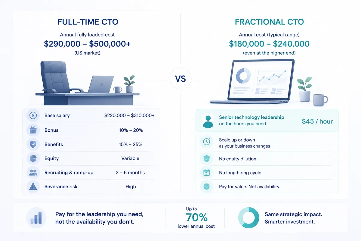 Minimalist enterprise-style illustration comparing a full-time CTO and a fractional CTO, with the left side showing a traditional executive setup including desk and overhead cost elements, and the right side showing a flexible, lighter setup with a laptop and analytics, representing scalable leadership, cost efficiency, and pay-for-value engagement, visualized in clean blue and green gradients with a balanced split layout.
