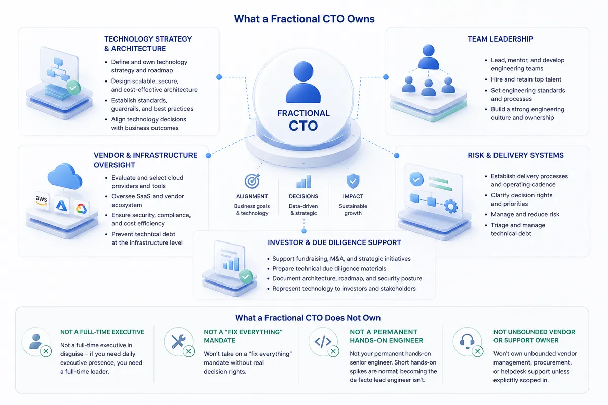Minimalist enterprise-style illustration showing a central fractional CTO figure as a strategic hub, surrounded by interconnected modules representing technology strategy, team leadership, infrastructure, and risk management, with structured connections emphasizing decision-making, accountability, and coordination across the system, rendered in clean blue and green gradients with soft shadows and isometric elements.