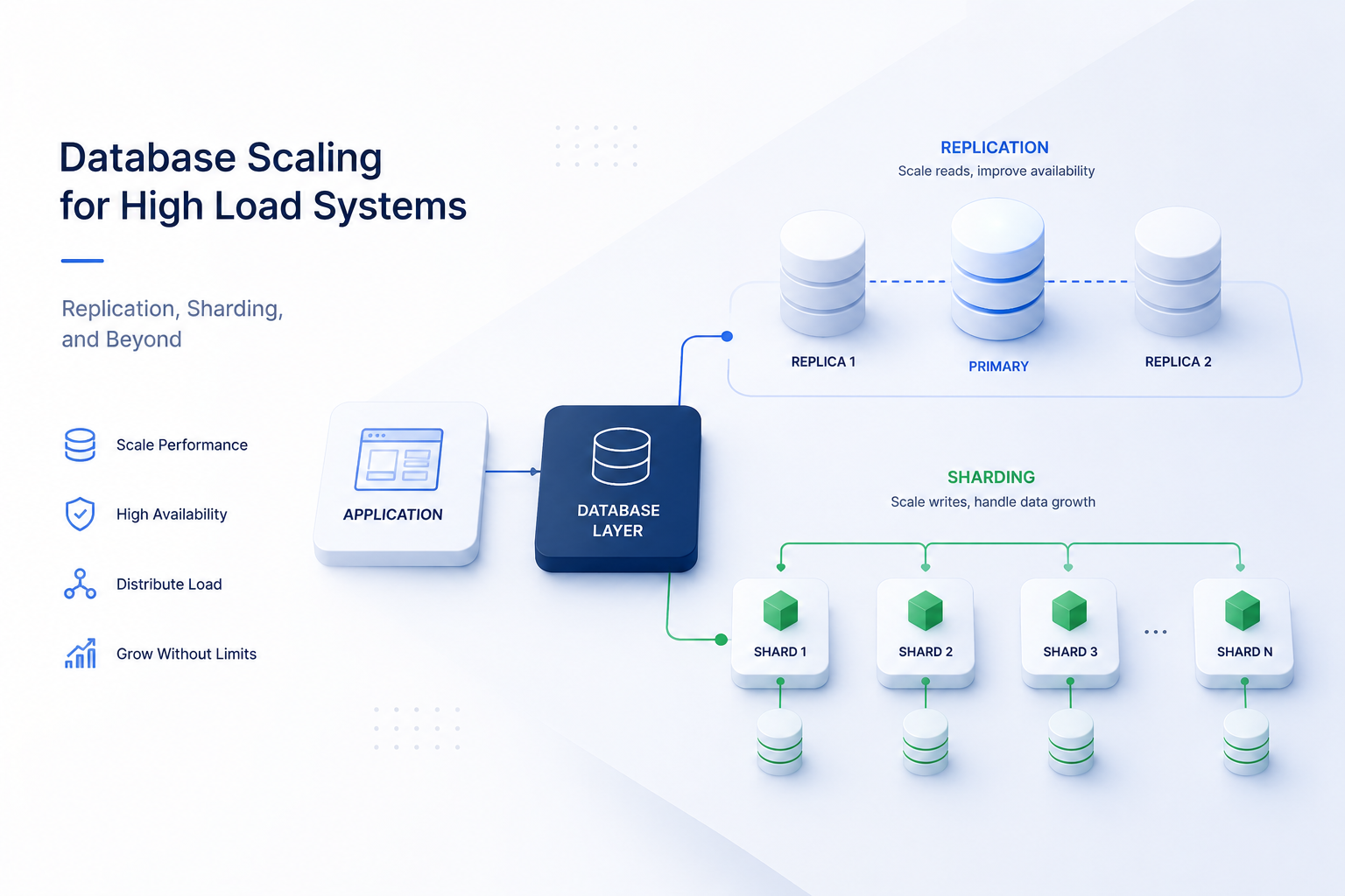 Diagram showing database scaling for high load systems with replication and sharding processes, enhancing performance, availability, and load distribution.