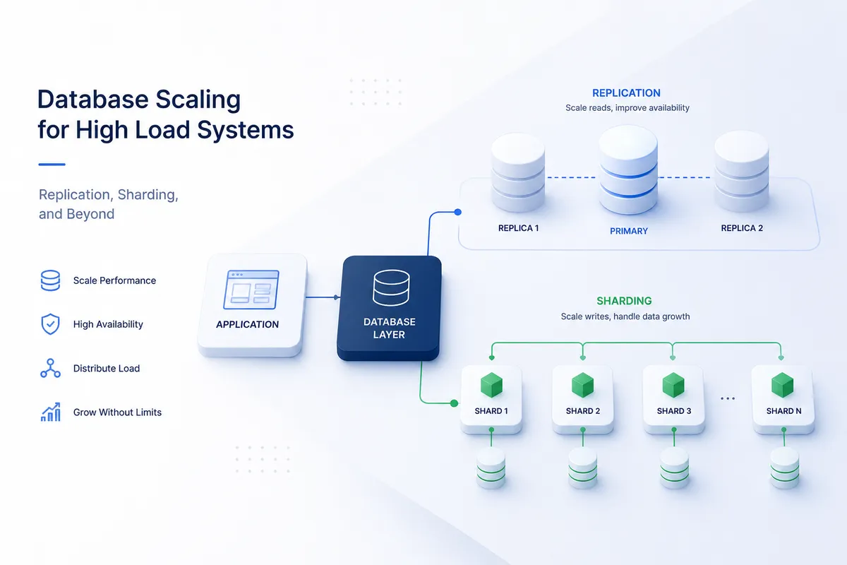 Diagram showing database scaling for high load systems with replication and sharding processes, enhancing performance, availability, and load distribution.