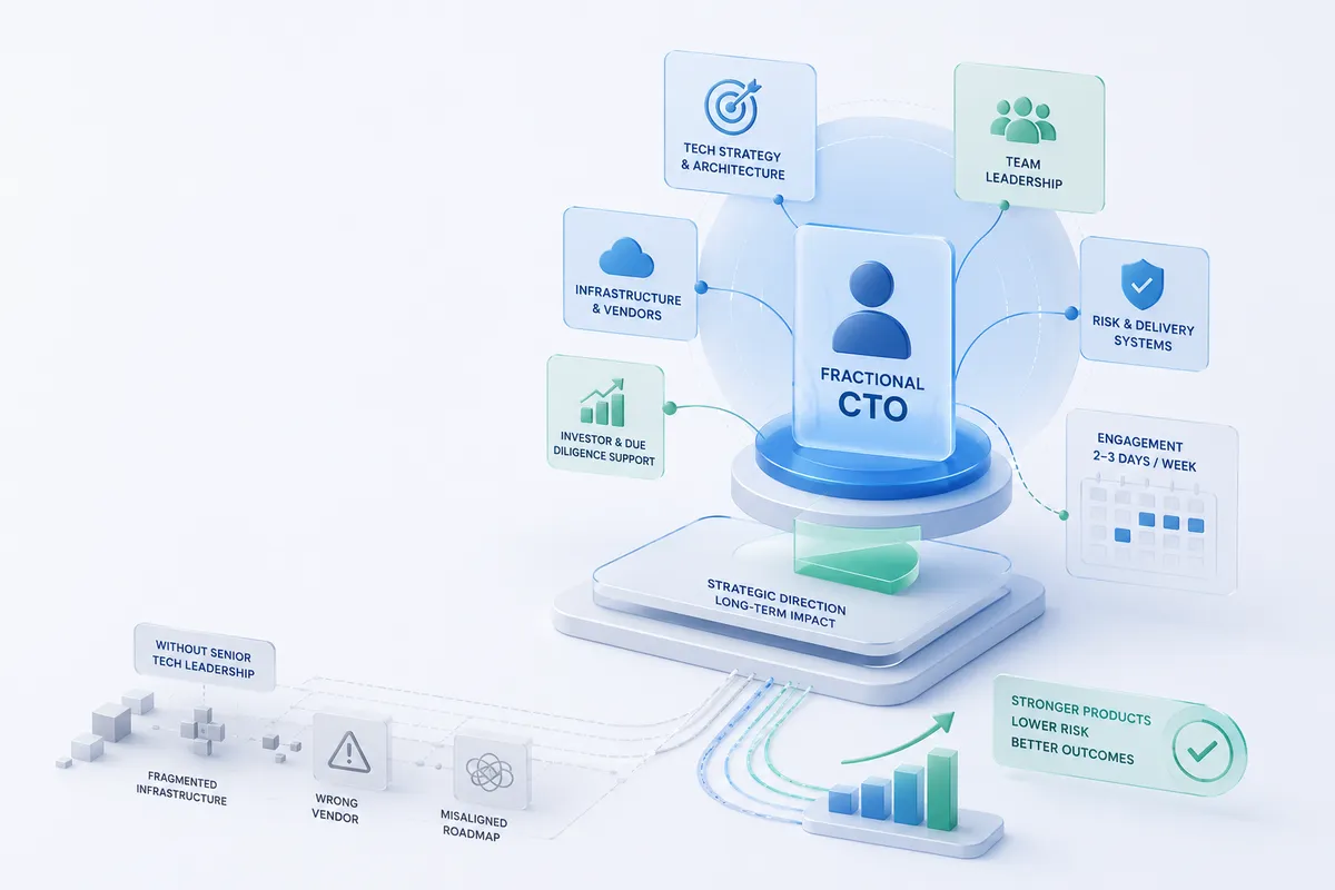 Minimalist enterprise-style illustration showing a central fractional CTO figure acting as a strategic hub, connected to key domains such as technology architecture, team leadership, infrastructure, and risk management, with visual contrast between fragmented systems without leadership and optimized, coordinated outcomes with structured direction, using soft blue and green gradients and clean isometric elements.