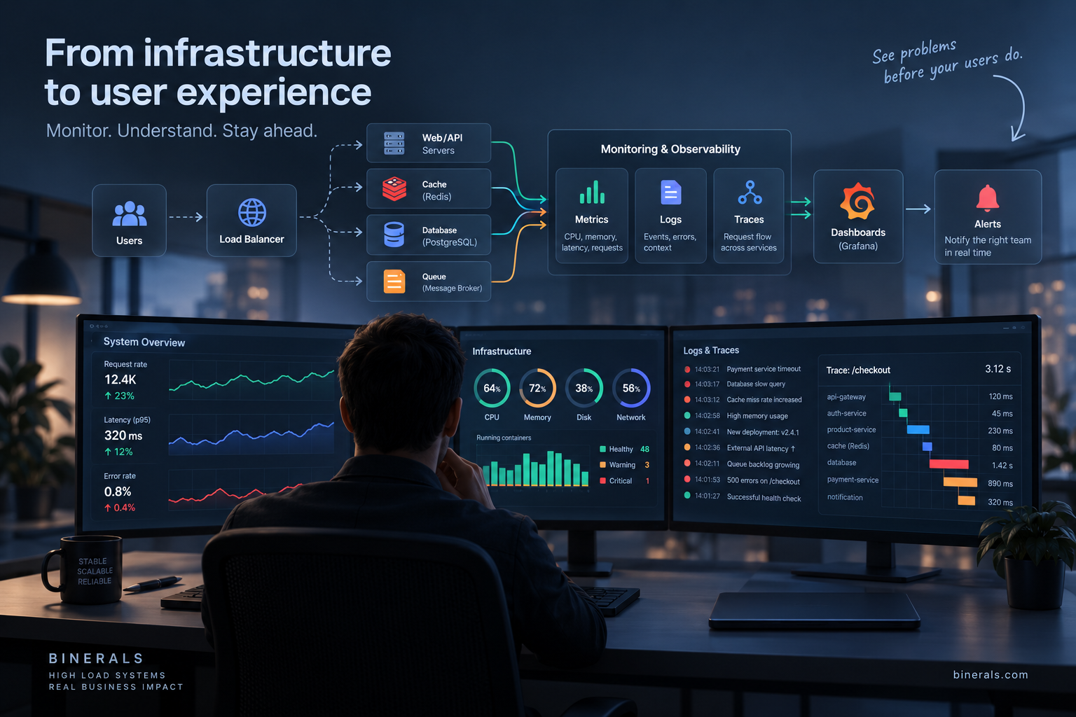 High-load system observability architecture showing how web servers, Redis cache, PostgreSQL database, and message queues generate metrics, logs, and distributed traces that feed monitoring dashboards and real-time alerts for faster incident detection.