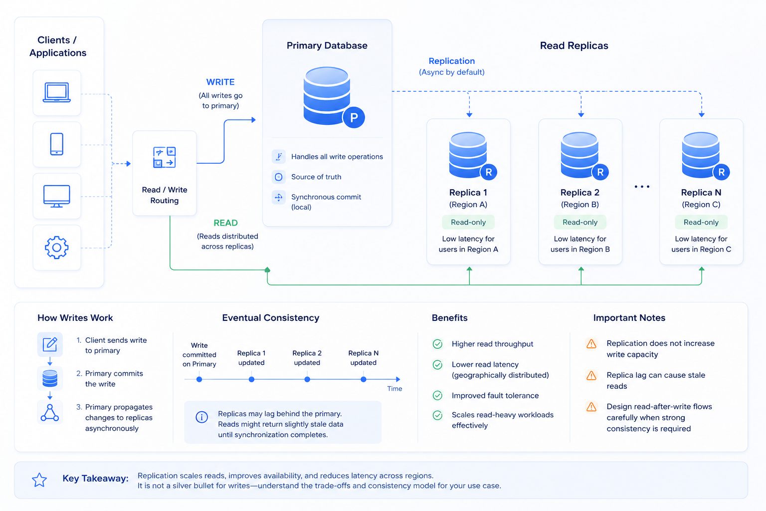 Replication architecture diagram showing a primary database handling all write operations and multiple read replicas receiving asynchronous updates, with read requests distributed across replicas, illustrating improved read throughput, reduced latency, and eventual consistency with possible replication lag.