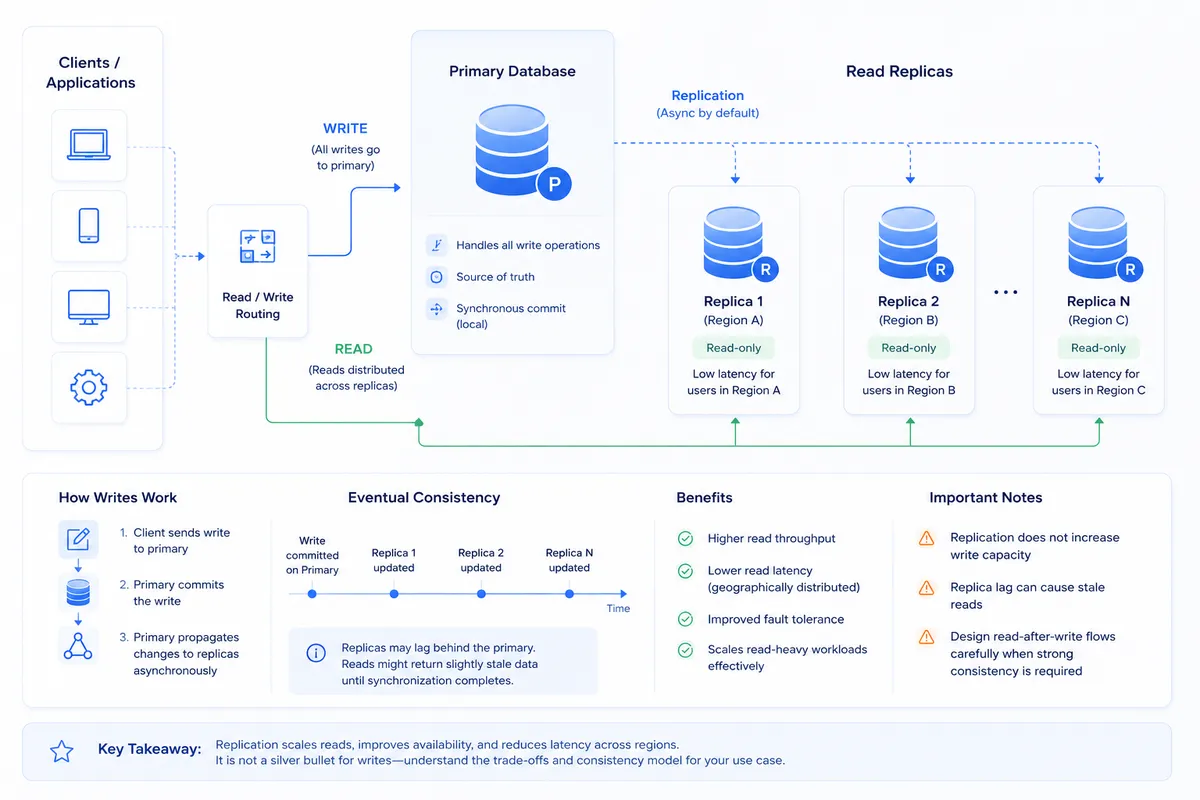 Replication architecture diagram showing a primary database handling all write operations and multiple read replicas receiving asynchronous updates, with read requests distributed across replicas, illustrating improved read throughput, reduced latency, and eventual consistency with possible replication lag.