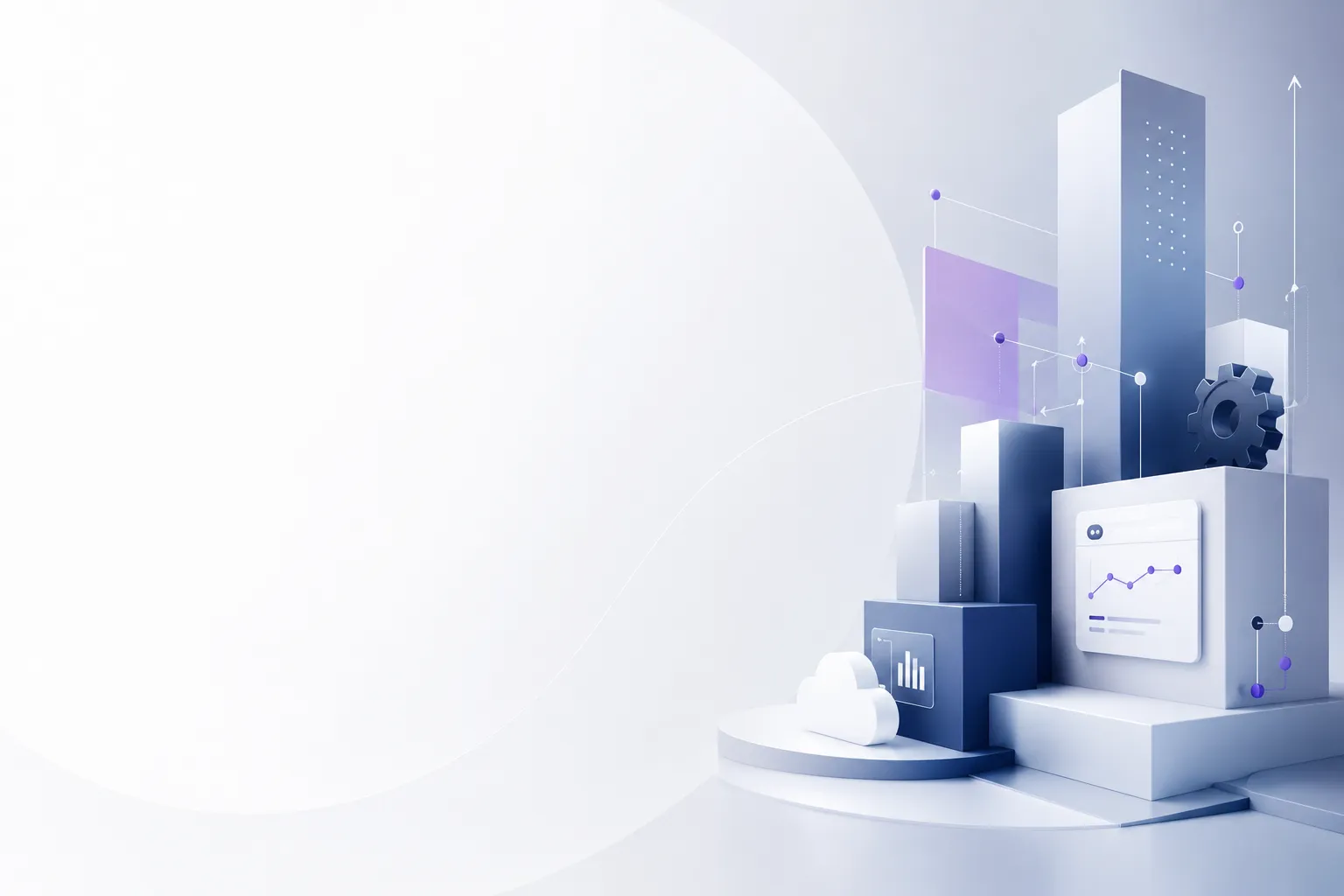 Abstract 3D illustration of digital data visualization with graphs, gears, and a cloud icon on a light purple background.