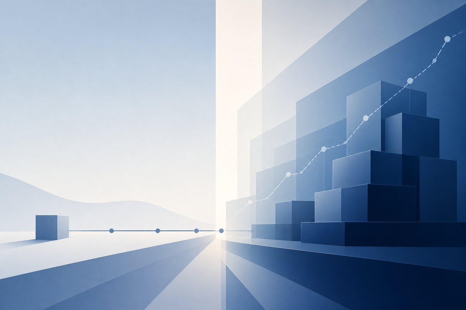 Abstract blue gradient graph with ascending trend, dotted line, and geometric shapes representing growth and progression in a minimalist style.