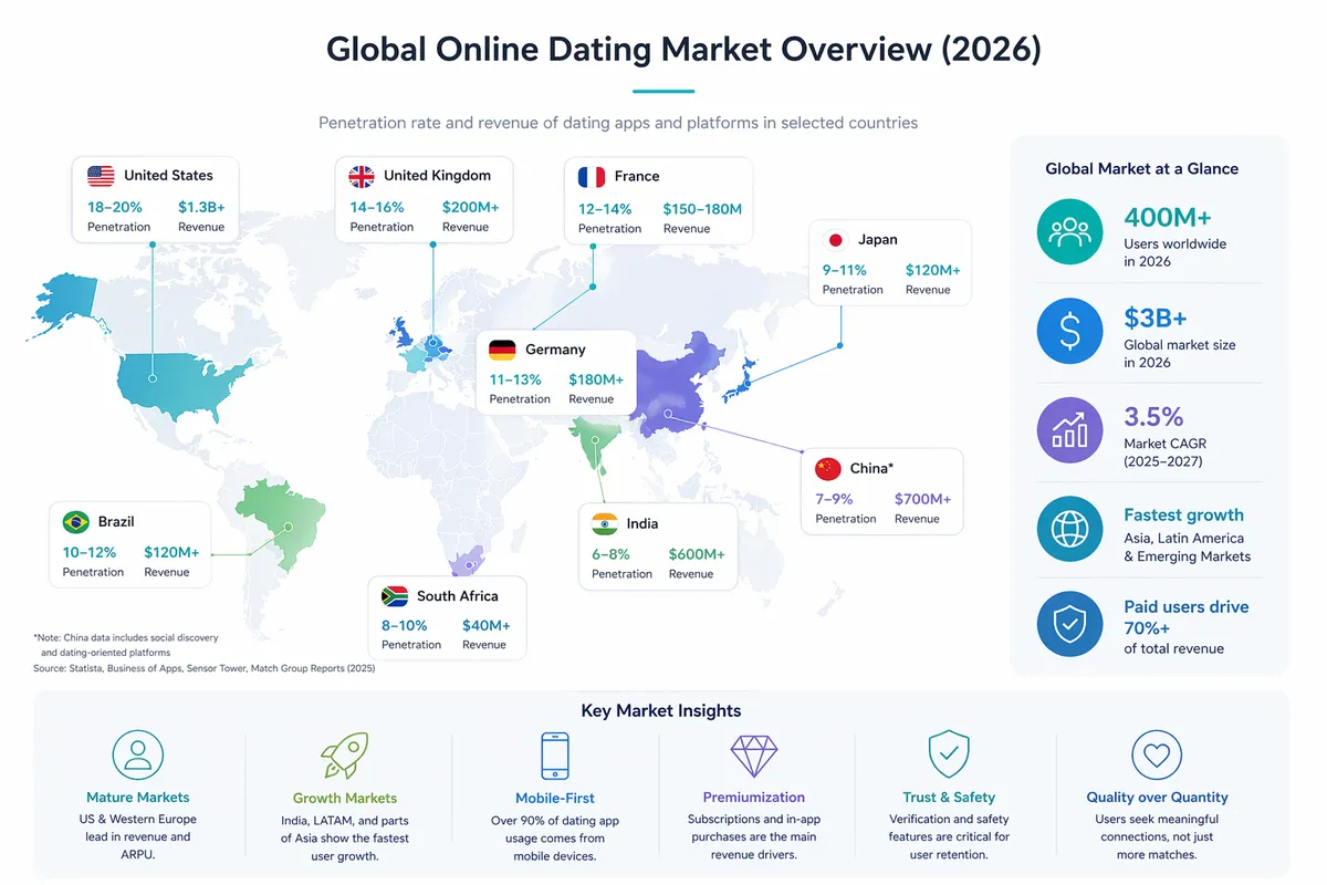 Infographic showing global online dating market overview in 2026, with key stats on penetration, revenue, and growth in various countries.
