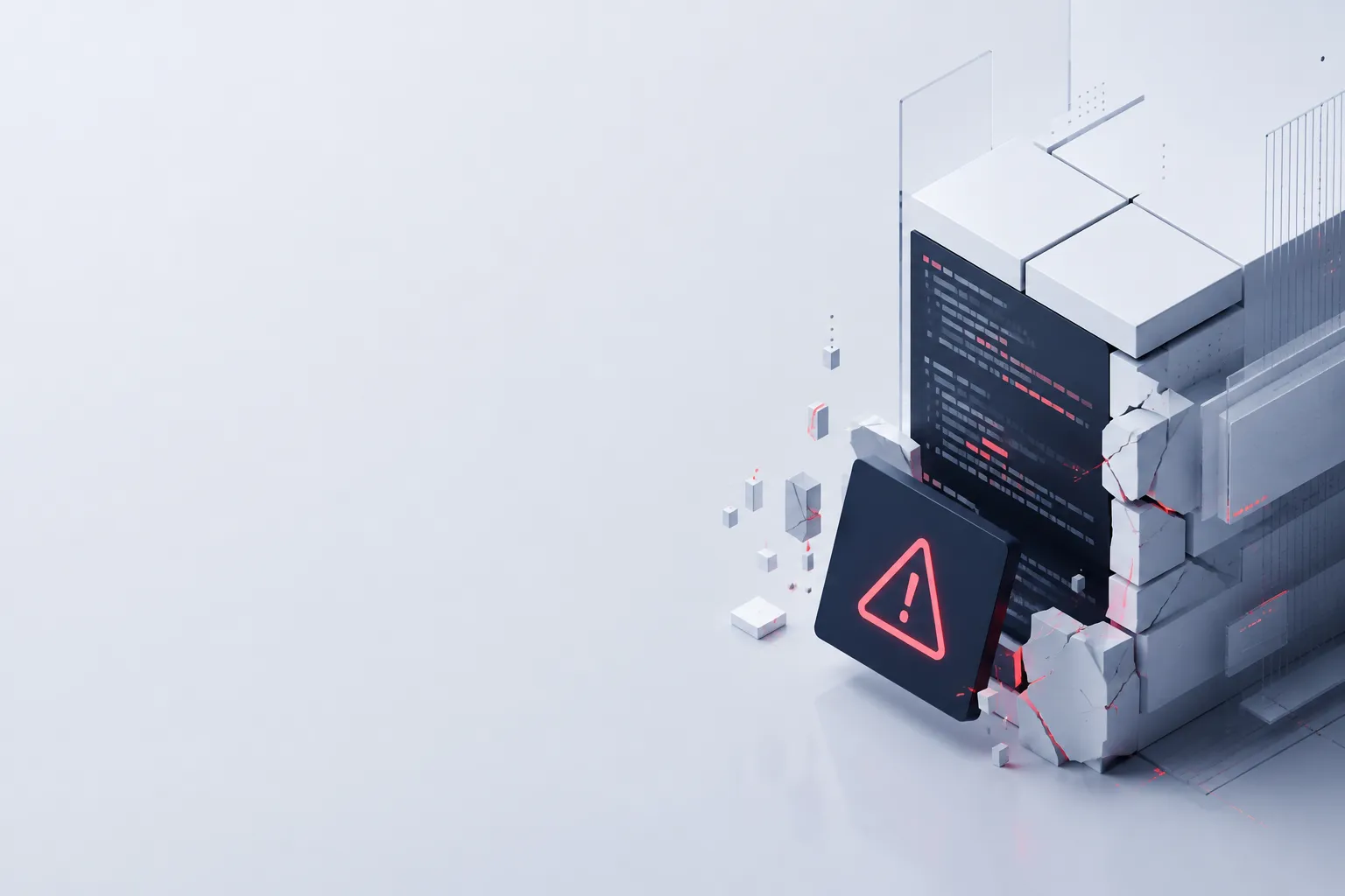 Abstract digital artwork with a warning icon, code fragments, and geometric blocks, representing a cyber security concept.