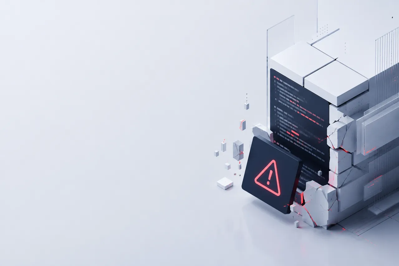Abstract digital artwork with a warning icon, code fragments, and geometric blocks, representing a cyber security concept.