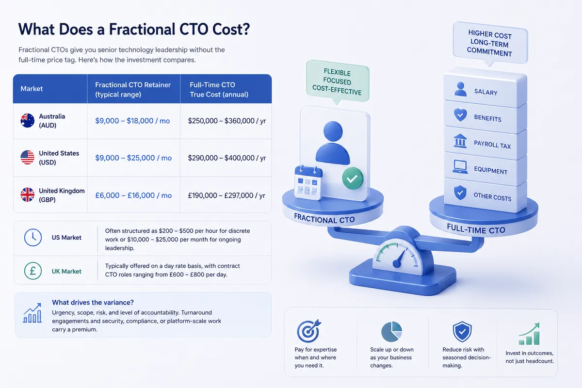 Minimalist enterprise-style illustration showing a balance scale comparing a fractional CTO and a full-time CTO, with the fractional side represented by a single leader and flexible engagement, and the full-time side represented by a larger cost structure including salary, team, and overhead, visualized with soft blue and green gradients, financial charts, and global context elements to emphasize cost efficiency and strategic trade-offs.