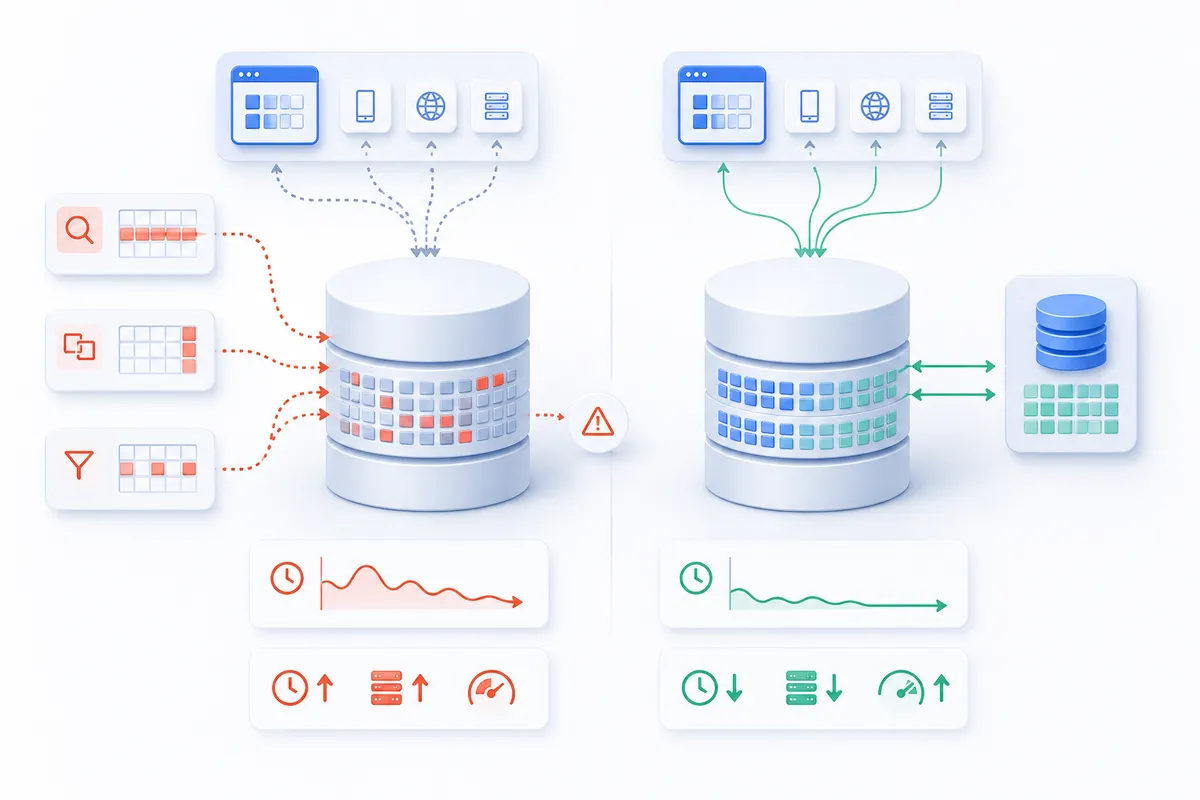 Diagram comparing two database systems with inputs, processes, and performance metrics represented with icons and arrows.