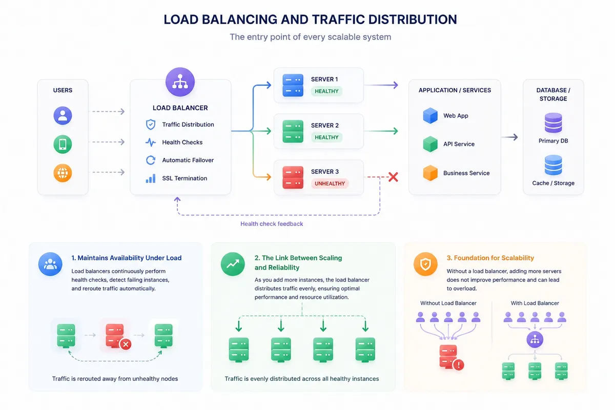 Diagram illustrating load balancing and traffic distribution: healthy/unhealthy servers, user access, health checks, and scaling foundation.