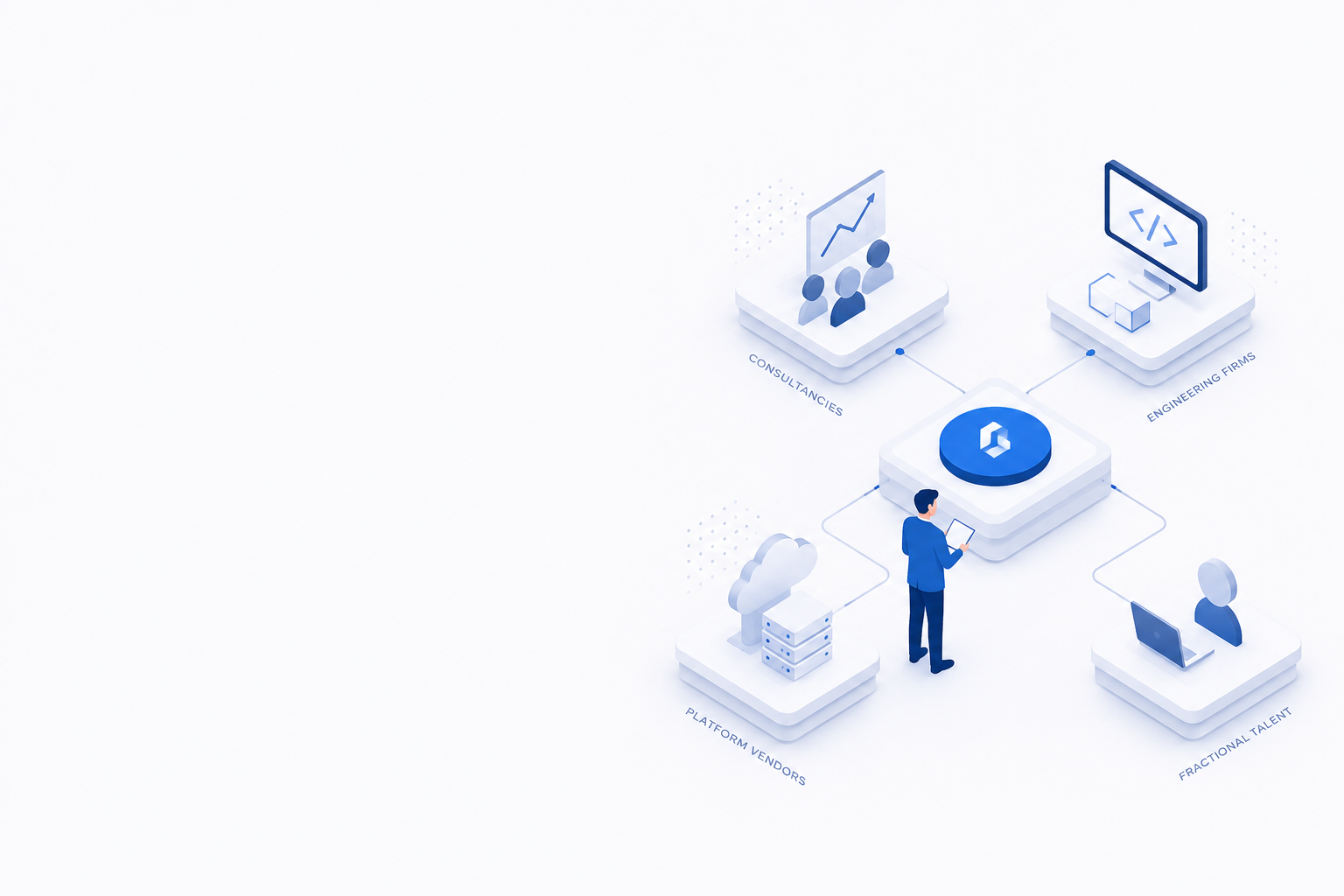 Minimalist enterprise illustration showing four types of digital transformation providers - global consultancies, engineering firms, platform vendors, and fractional talent - connected to a central technology hub, with a business expert evaluating the available options.