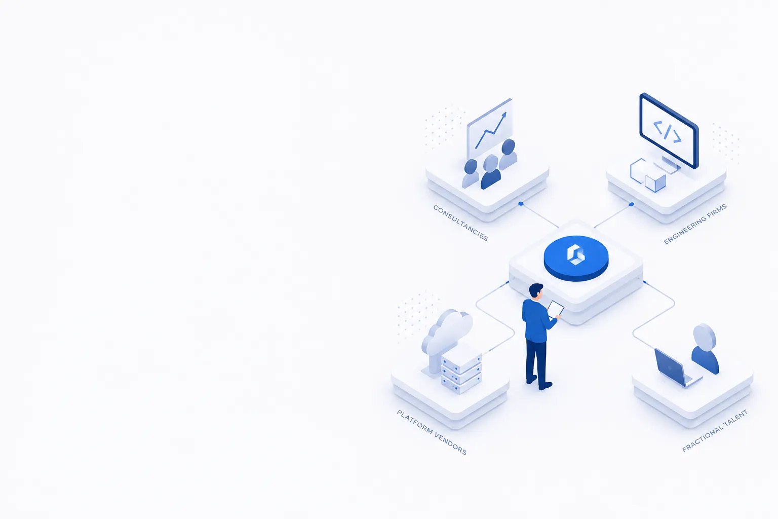 Minimalist enterprise illustration showing four types of digital transformation providers - global consultancies, engineering firms, platform vendors, and fractional talent - connected to a central technology hub, with a business expert evaluating the available options.