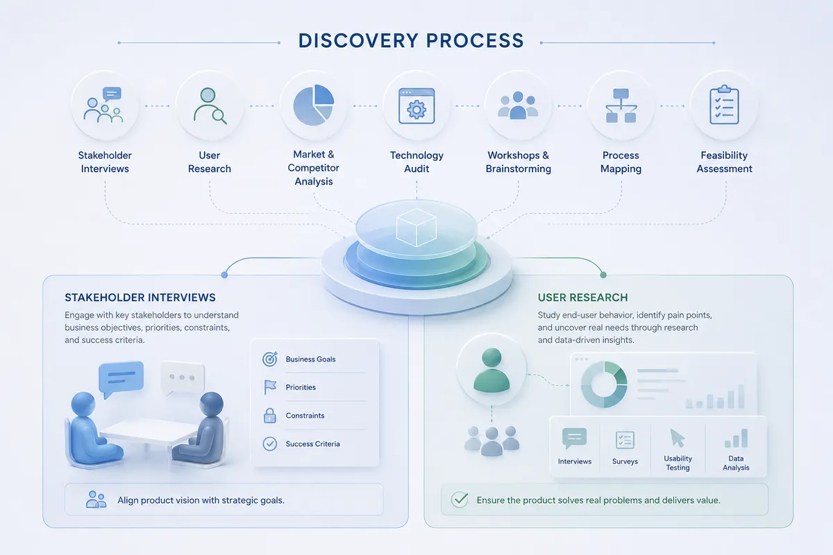 Minimalistic enterprise-style illustration of the discovery process showing a structured workflow from stakeholder interviews to user research and further analysis steps, visualized through connected icons and panels that represent collaboration, data insights, and decision-making, emphasizing alignment between business goals and user needs in a clean, modern layout.