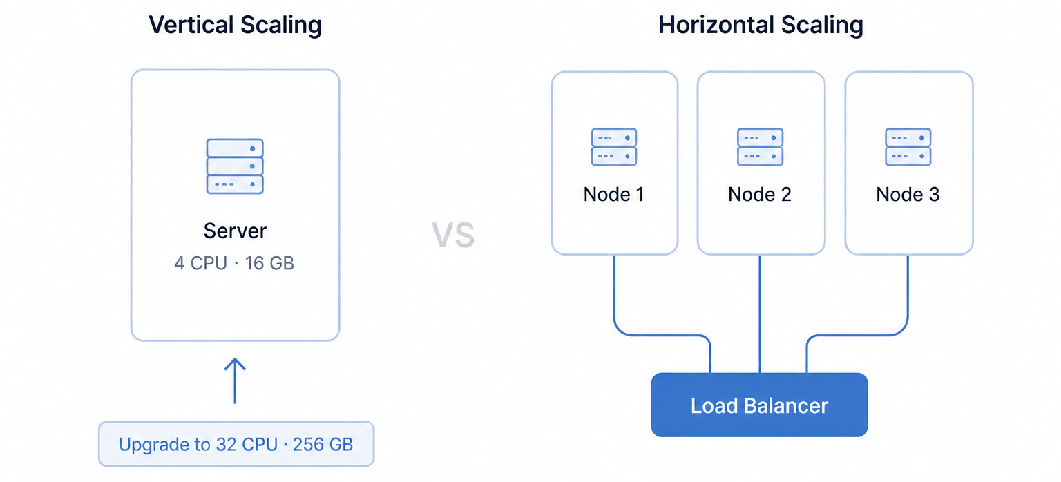 Diagram comparing vertical scaling (single server upgrade) vs. horizontal scaling (multiple nodes with load balancer).