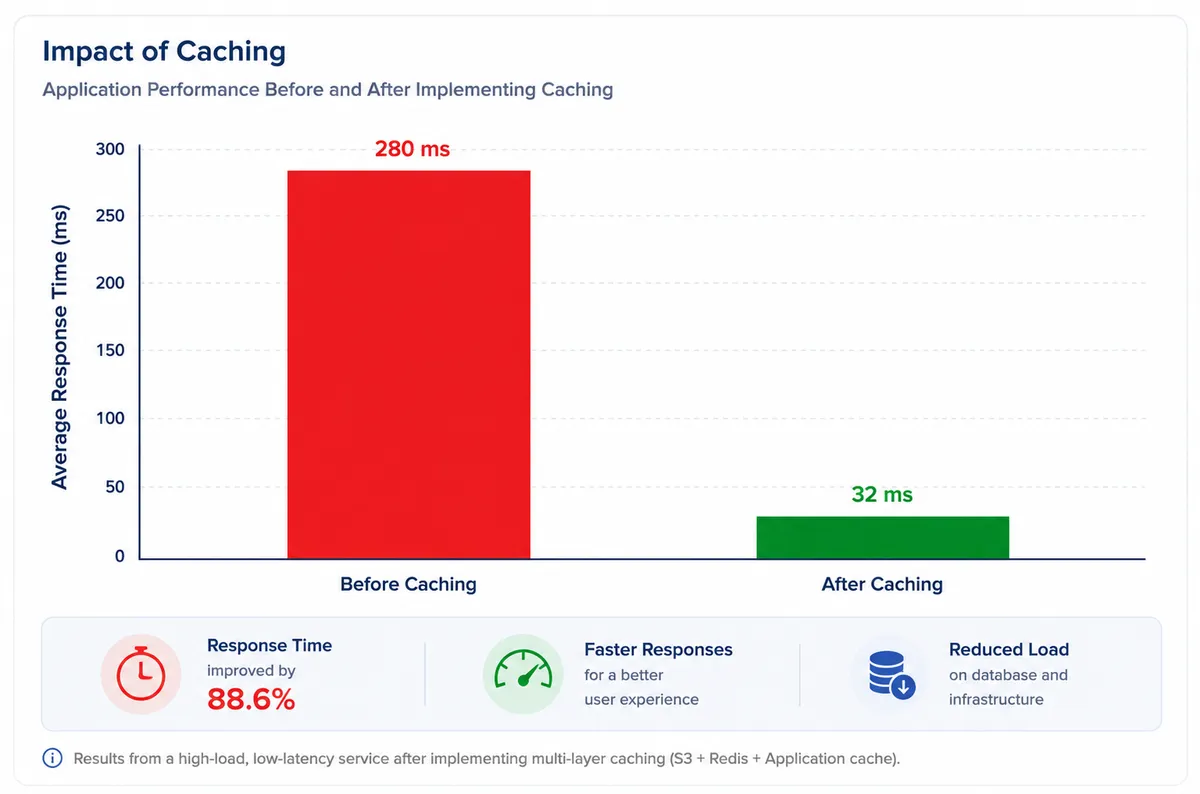 Minimalist enterprise-style bar chart illustrating the impact of caching on application performance. The chart compares average response time before and after caching, with a tall red bar labeled “Before Caching” (around 280 ms) and a much shorter green bar labeled “After Caching” (around 30 ms). The layout uses clean blue-gray tones, subtle grid lines, and clear axis labeling for response time in milliseconds. The visual emphasizes a significant reduction in latency and highlights improved system responsiveness and reduced database load after implementing caching.