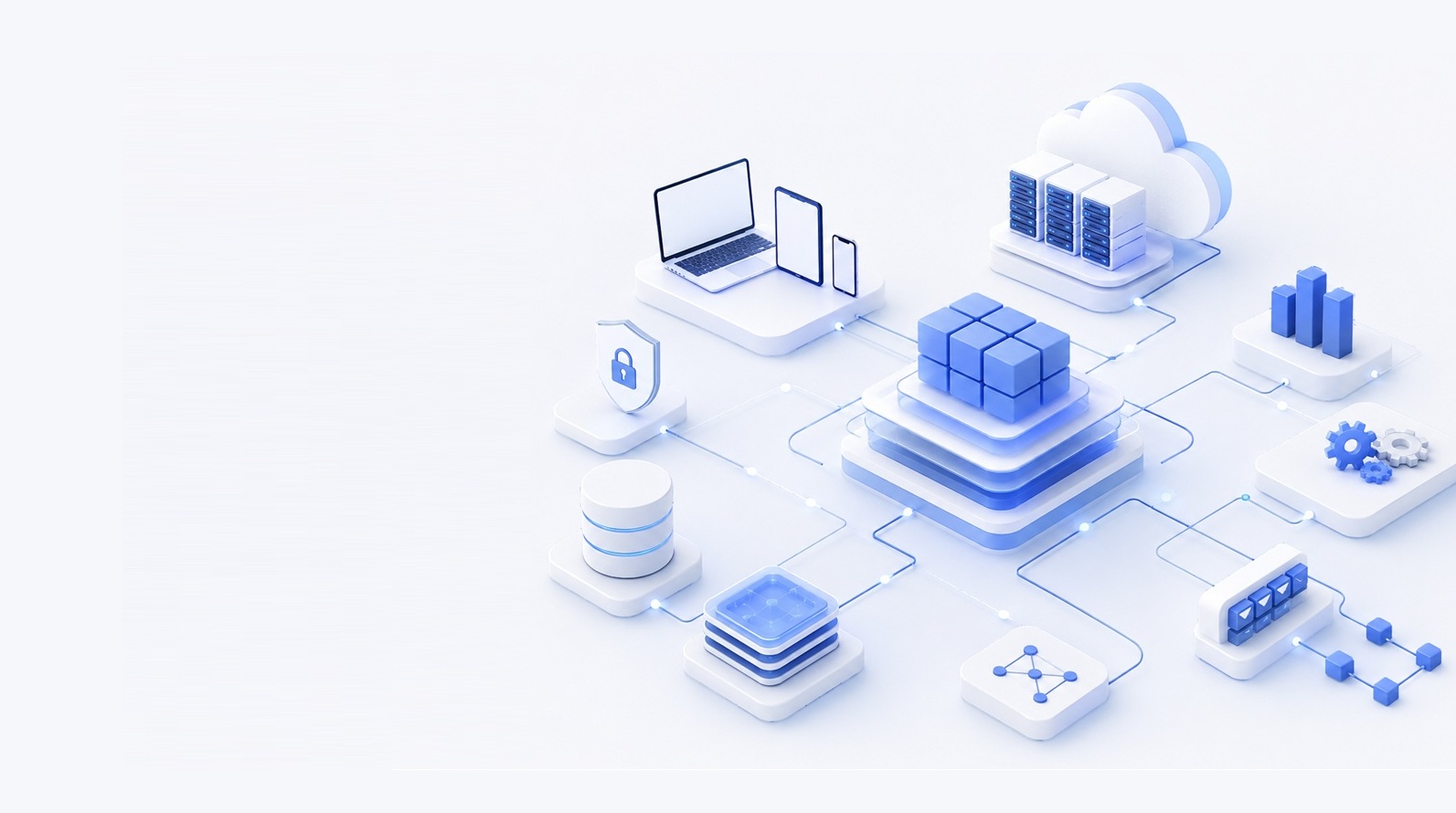 3D illustration of interconnected digital devices, cloud storage, and data symbols, representing cloud computing and network technology.