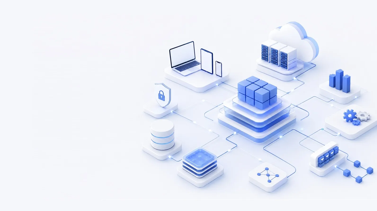 3D illustration of interconnected digital devices, cloud storage, and data symbols, representing cloud computing and network technology.