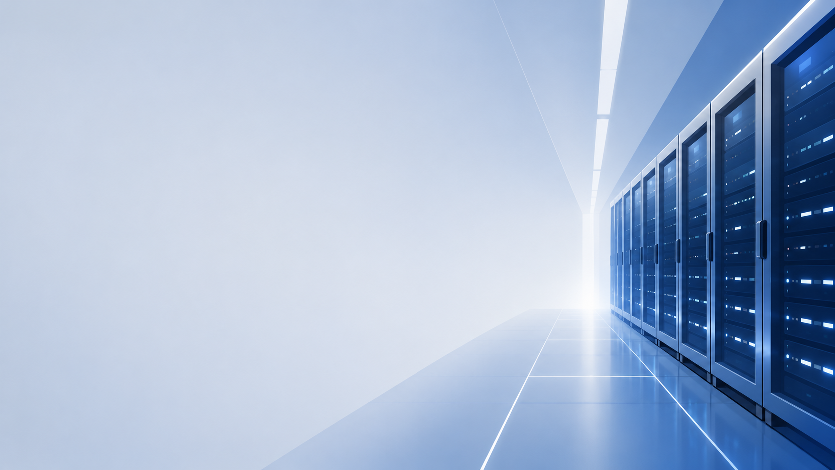 A modern, sleek data center with a row of illuminated server racks on the right and a bright, minimalist corridor leading to a lighted exit.
