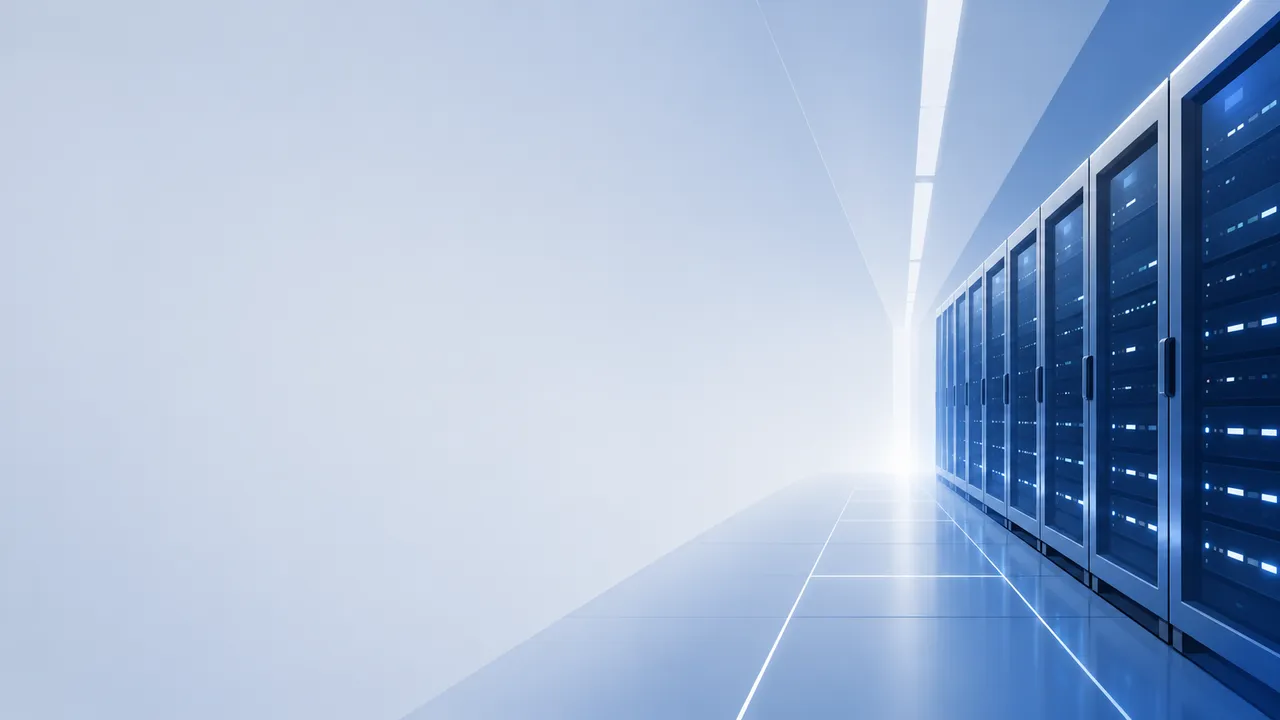 A modern, sleek data center with a row of illuminated server racks on the right and a bright, minimalist corridor leading to a lighted exit.