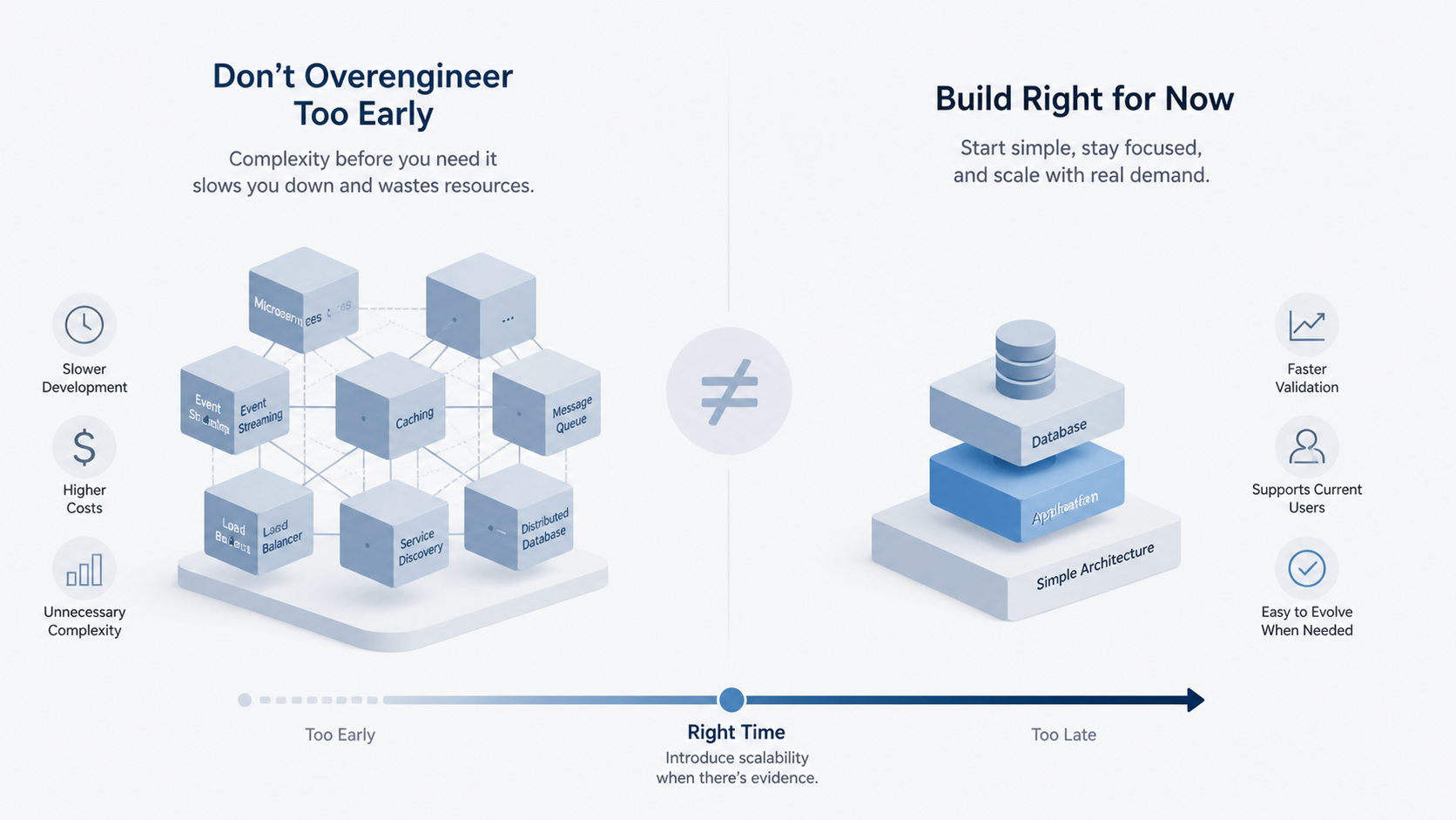 Two strategies: Left shows complex systems slowing progress; Right shows simple, adaptable design for current needs and growth.