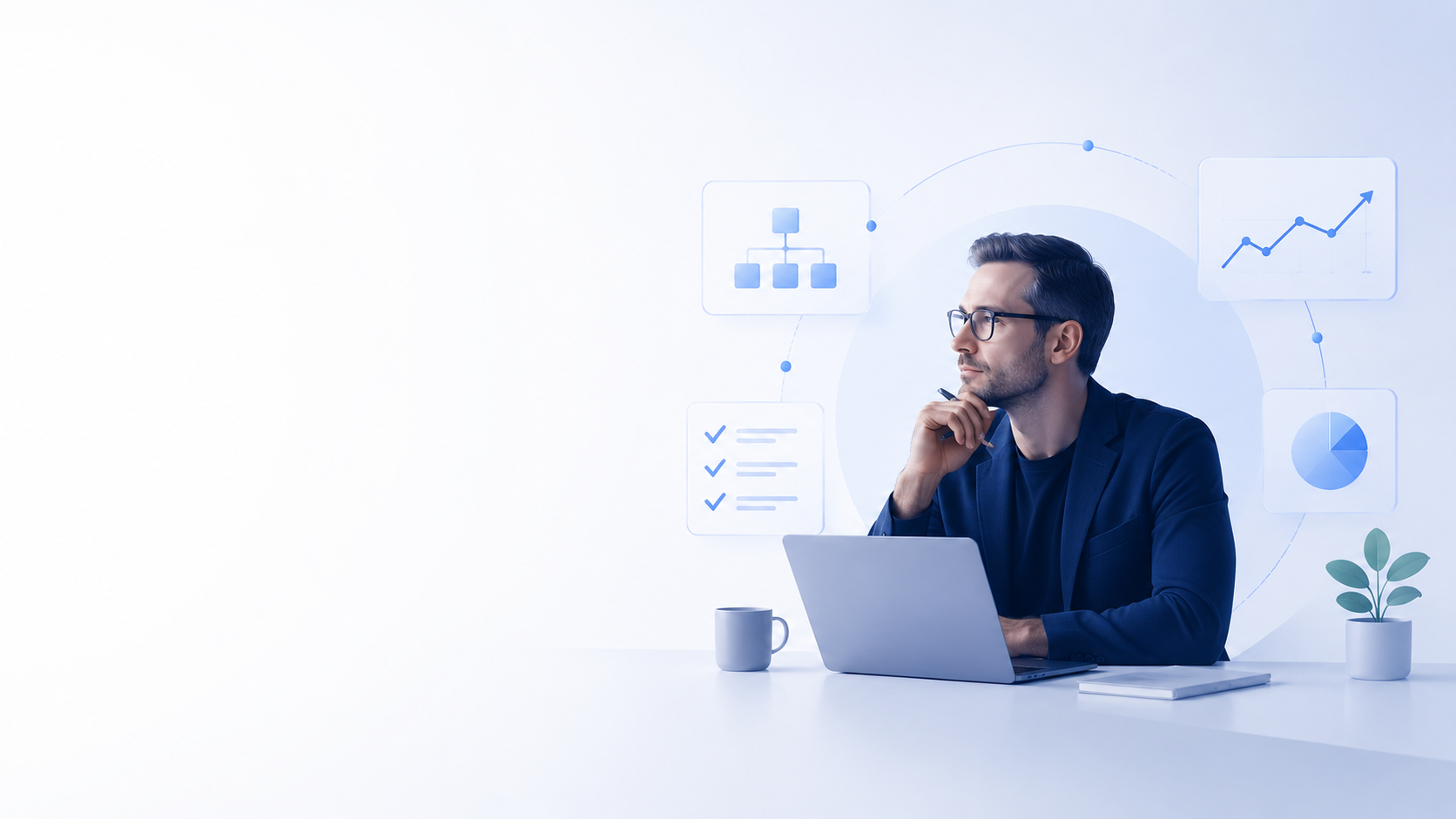 A minimalistic enterprise-style illustration showing a thoughtful professional expert working at a laptop on the right side of the composition, surrounded by subtle floating UI elements such as charts, system diagrams, and checklists, representing strategic decision-making and technical leadership. The left side remains clean and spacious for a title, emphasizing clarity, focus, and structured thinking in software development and business architecture contexts.