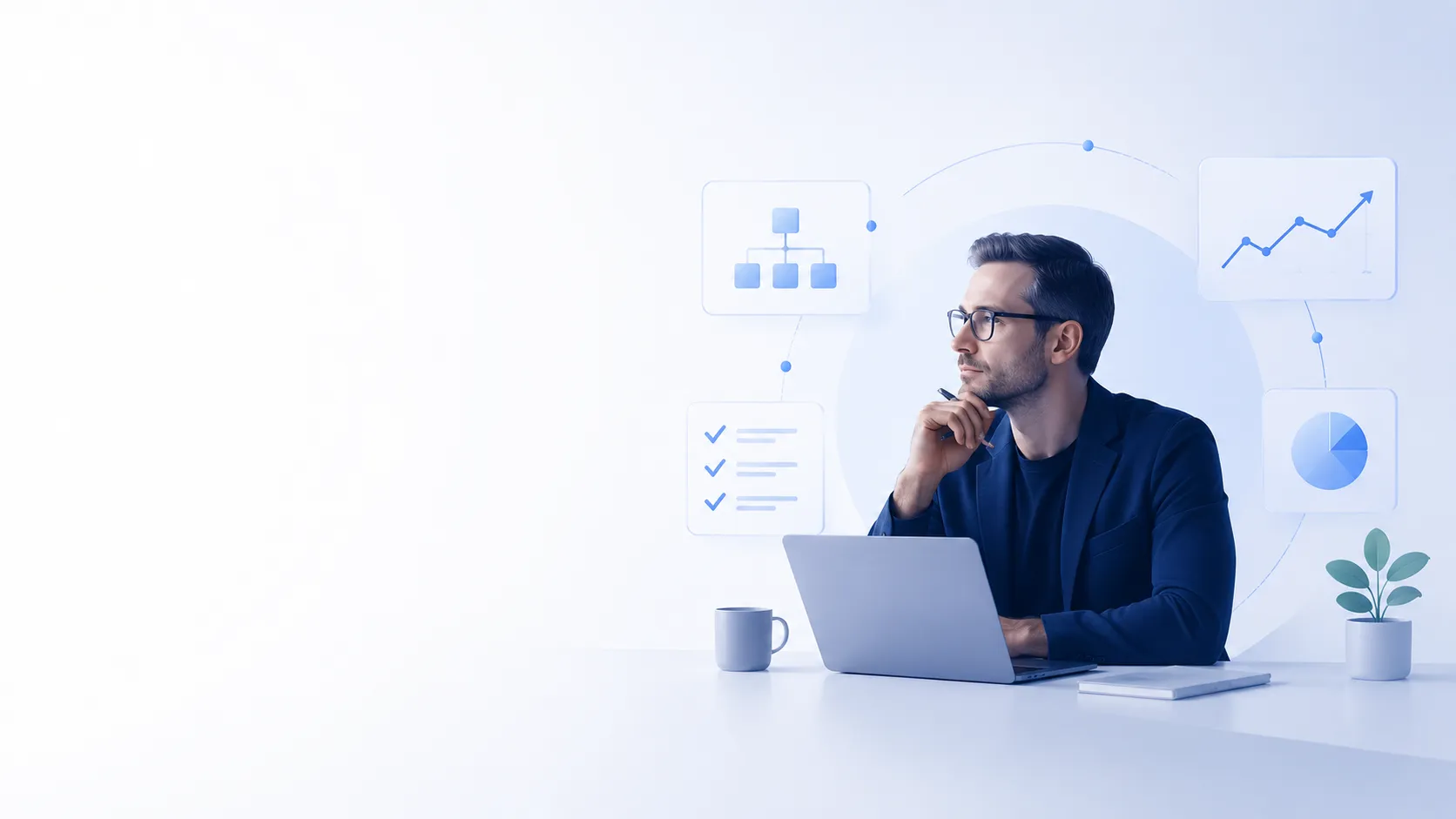 A minimalistic enterprise-style illustration showing a thoughtful professional expert working at a laptop on the right side of the composition, surrounded by subtle floating UI elements such as charts, system diagrams, and checklists, representing strategic decision-making and technical leadership. The left side remains clean and spacious for a title, emphasizing clarity, focus, and structured thinking in software development and business architecture contexts.