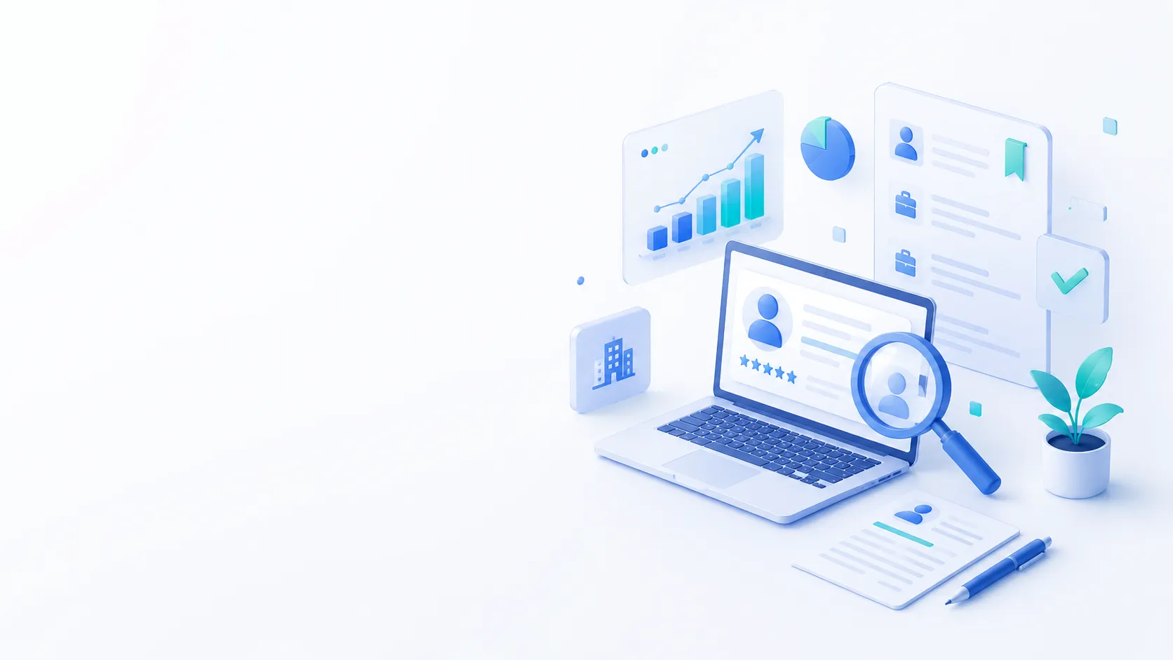Minimalist enterprise illustration showing a clean, light background with open space on the left for a title, and on the right a modern digital workspace scene: a laptop displaying a user profile, a magnifying glass highlighting candidate data, floating UI panels with analytics charts, checkmarks, and profile cards, symbolizing structured evaluation, data-driven decision making, and streamlined recruitment or product discovery processes.