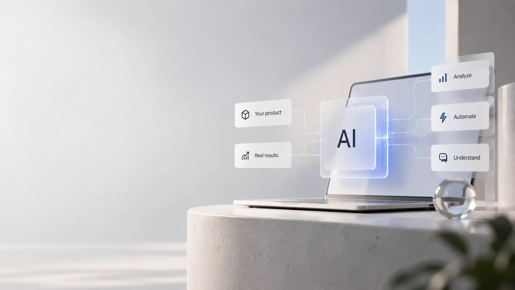Laptop displaying "AI" with floating icons for "Your product," "Real results," "Analyze," "Automate," and "Understand" on a minimalist desk.