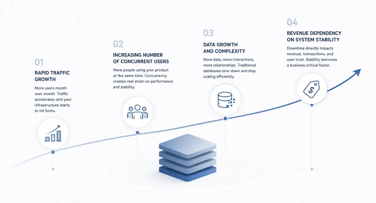 Flowchart illustrating four stages: rapid traffic growth, more concurrent users, data growth, and revenue dependency on system stability.