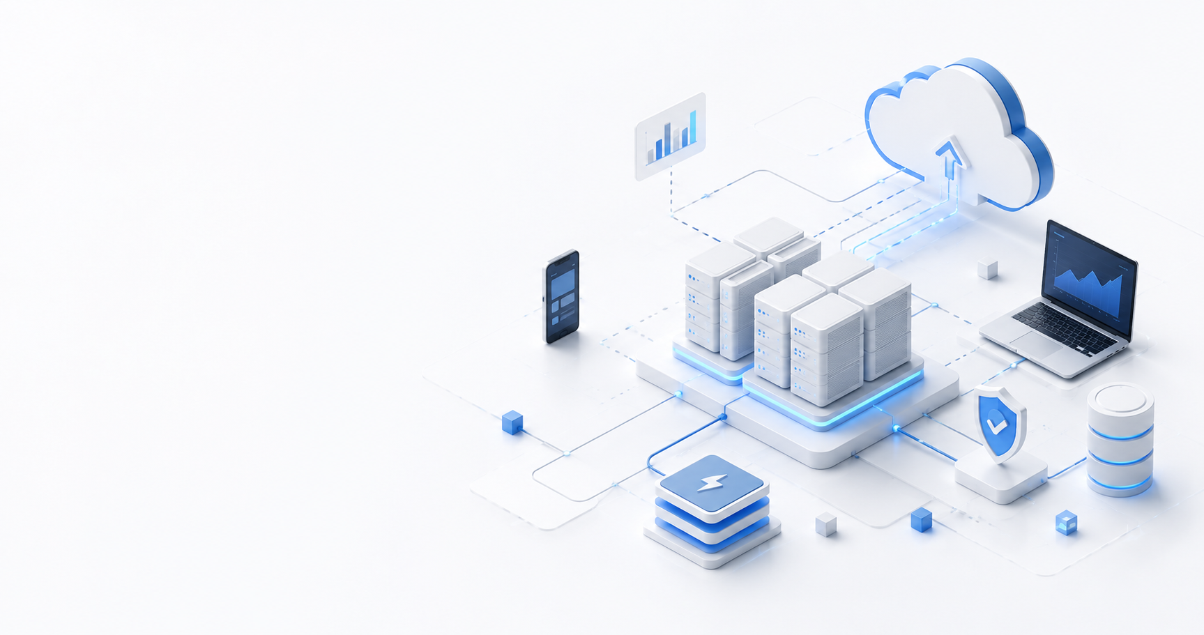 High Load Architecture Explained: Scalable Web Application Design Guide 3D illustration of cloud computing infrastructure, featuring servers, a connected laptop, smartphone, and cloud icon with data flow lines.