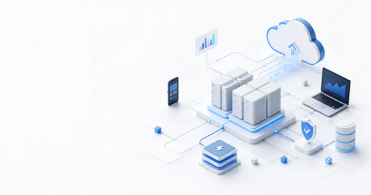 3D illustration of cloud computing infrastructure, featuring servers, a connected laptop, smartphone, and cloud icon with data flow lines.
