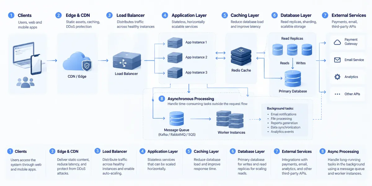 Scalable high load system architecture showing clients connecting through a CDN and load balancer to multiple application instances, Redis caching, a primary database with read replicas, external services, and asynchronous processing with message queues and background workers.