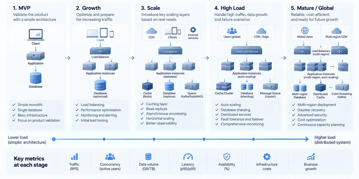 High load system development roadmap showing five stages from a simple MVP and single database to load-balanced application instances, caching, read replicas, asynchronous processing, database sharding, auto-scaling, distributed services, multi-region infrastructure, disaster recovery, security, and continuous capacity planning.